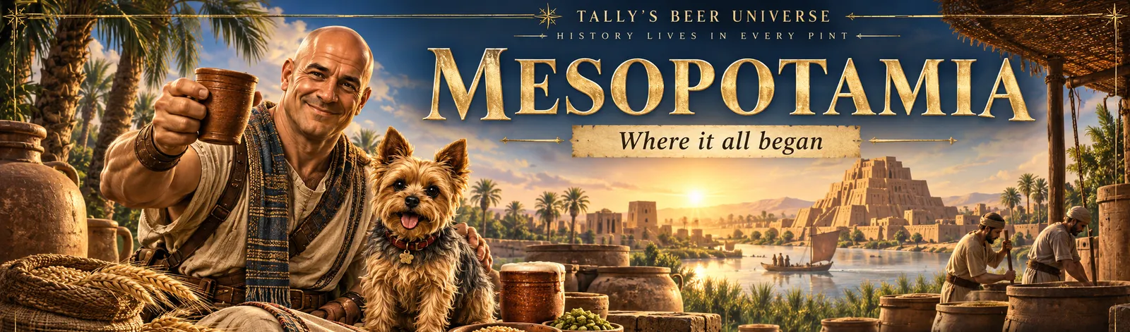 Artist's reconstruction: Tally and Pixie in the setting of Beer Enters the Written Record. Illustration in Tally's style, not a historical image.