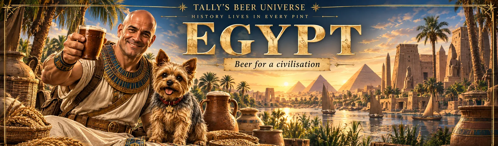 Artist's reconstruction: Tally and Pixie in the setting of Henqet — Ancient Egyptian Beer. Illustration in Tally's style, not a historical image.