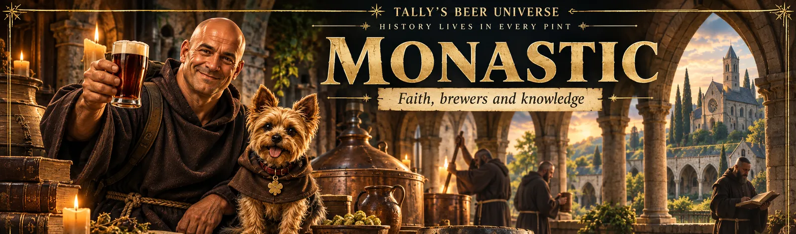 Artist's reconstruction: Tally and Pixie in the setting of Medieval Monastic Brewing. Illustration in Tally's style, not a historical image.