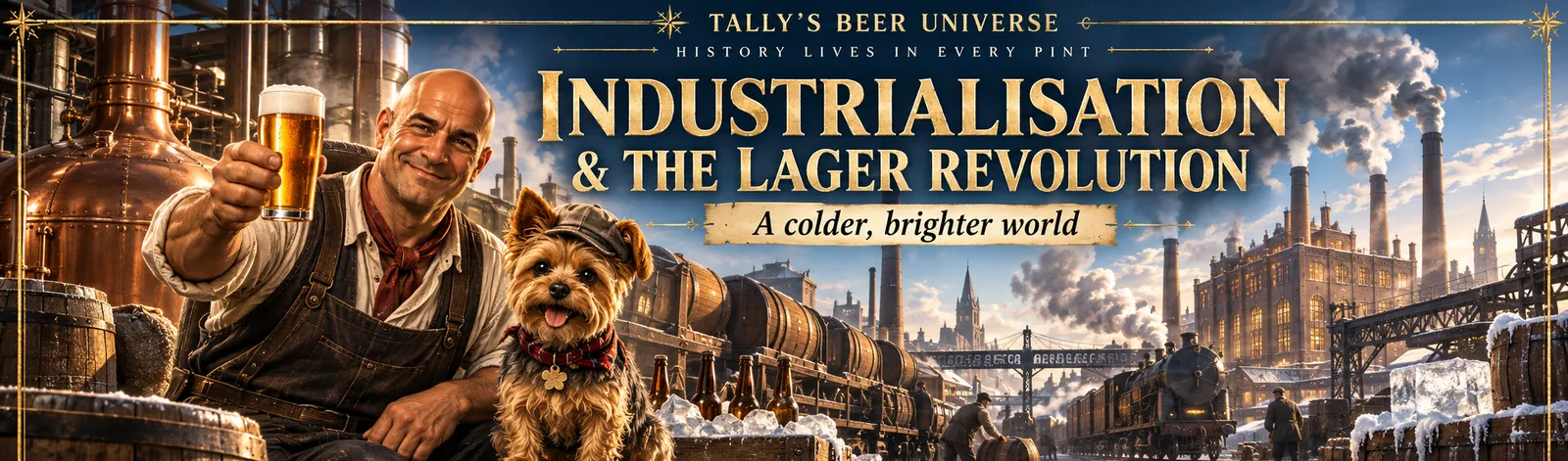 Artist's reconstruction: Tally and Pixie in the setting of Industrialisation and the Lager Revolution. Illustration in Tally's style, not a historical image.