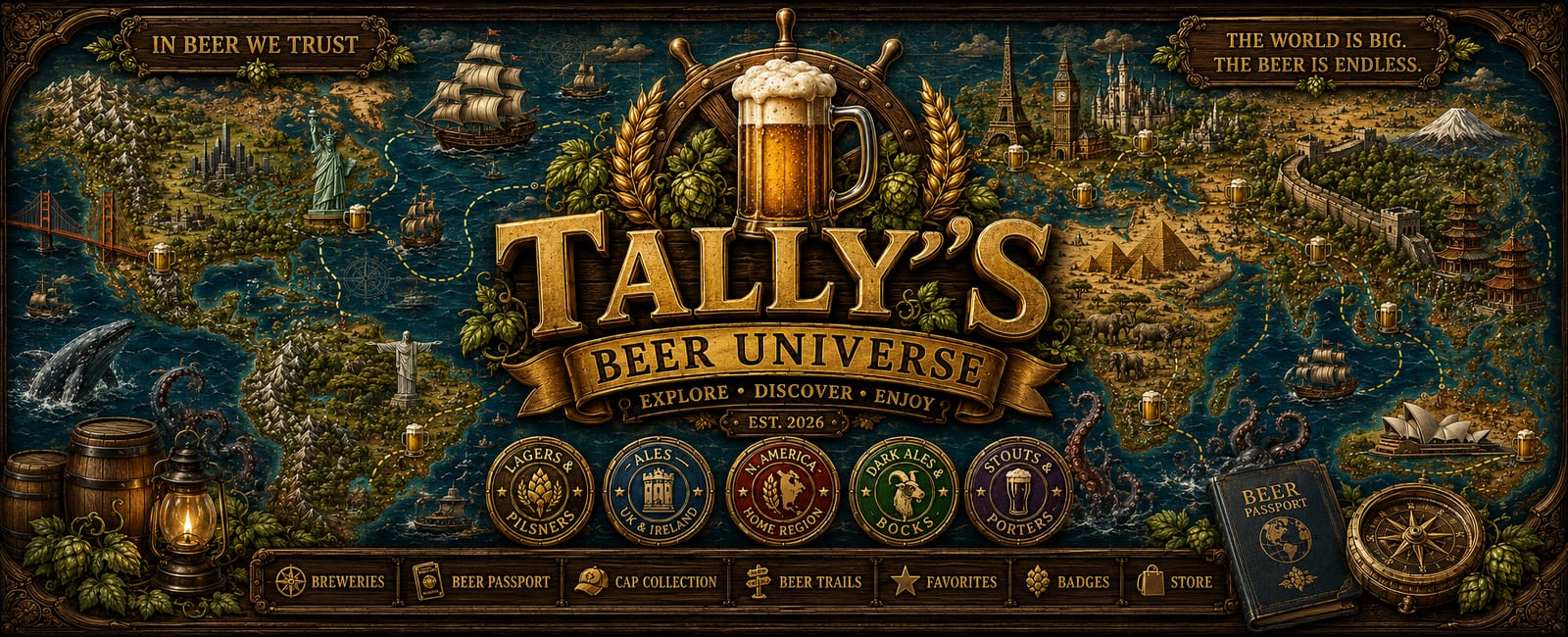Tally's Beer Universe — an antique world map with sailing routes linking breweries, framed by the gold Tally's Beer Universe crest and beer-style medallions