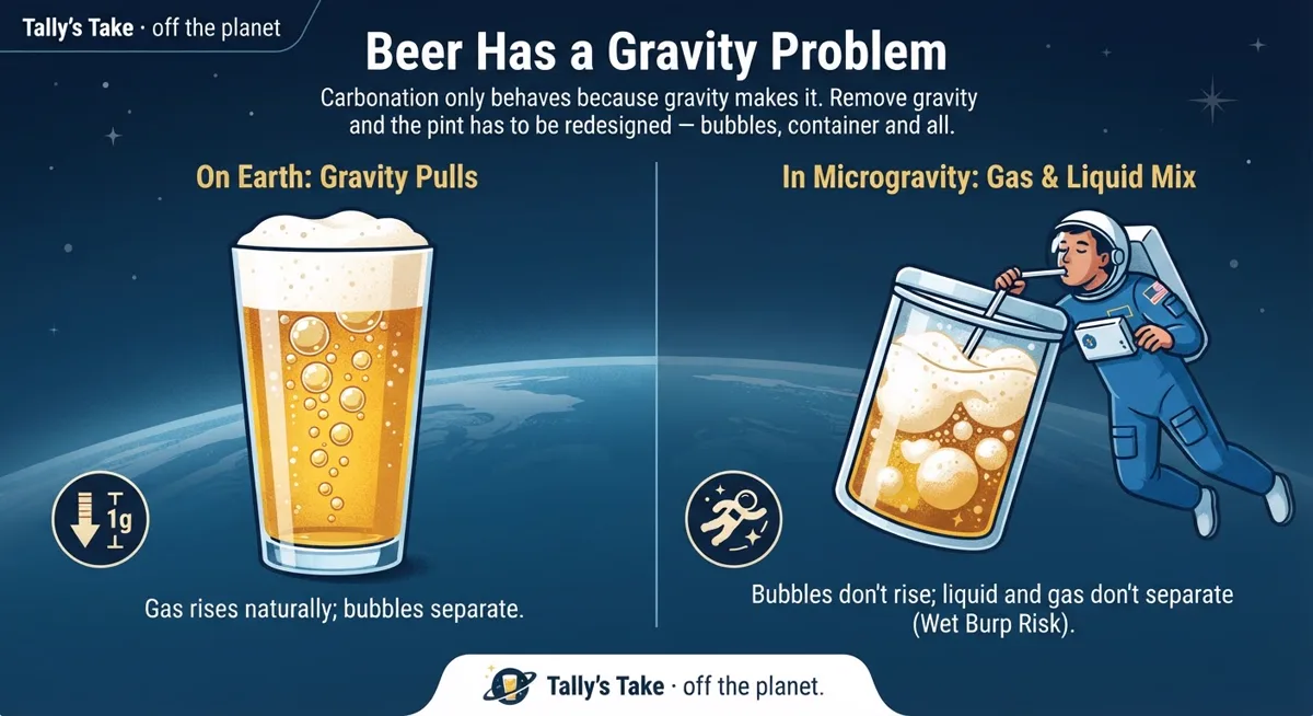 Cartoon infographic comparing a pint on Earth, where bubbles rise and separate, with a sealed vessel in microgravity where gas and liquid stay mixed and an astronaut sips through a straw.