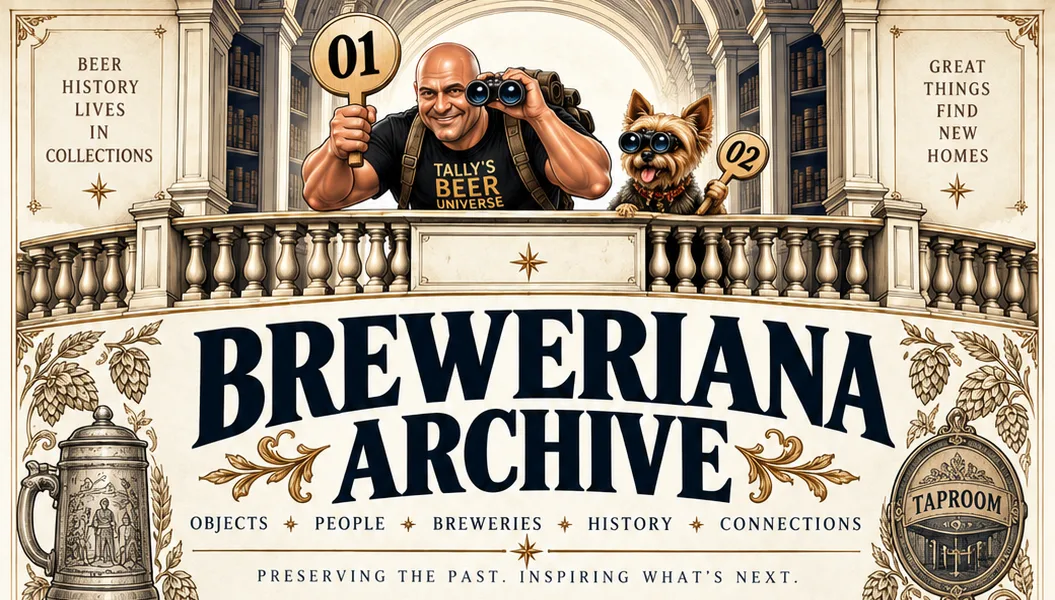 Artist's line-drawing masthead: Tally and Pixie holding bidder paddles and binoculars over a library balustrade above the words Breweriana Archive, framed by an engraved stein and hop vines. Illustration in Tally's style.