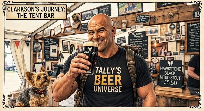 Illustrated panel of Tally, the archive's mascot, raising a nitro stout in the memorabilia-covered tent bar, with Pixie the Yorkshire terrier watching from a bench.