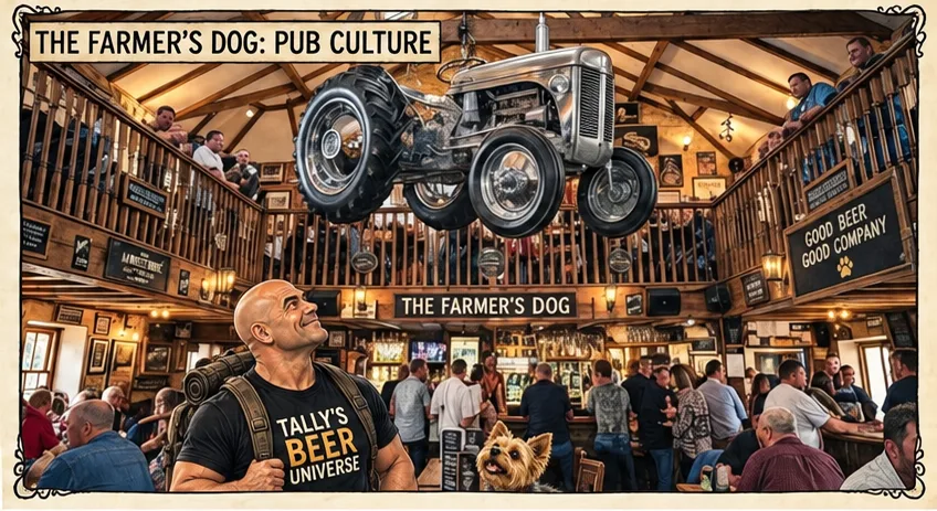 Illustrated panel of Tally looking up at a chromed tractor suspended from the timber ceiling of The Farmer's Dog pub, the bar busy below.