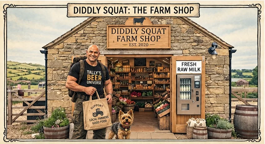 Illustrated panel of Tally and Pixie outside the small stone Diddly Squat Farm Shop, a fresh milk vending machine beside the door.