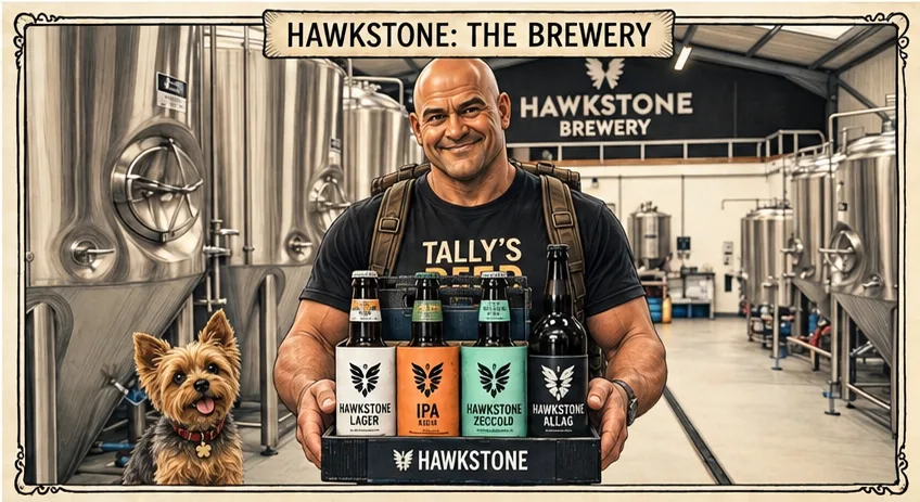 Illustrated panel of Tally carrying a mixed pack of Hawkstone beers between the brewery's steel tanks, Pixie trotting alongside.