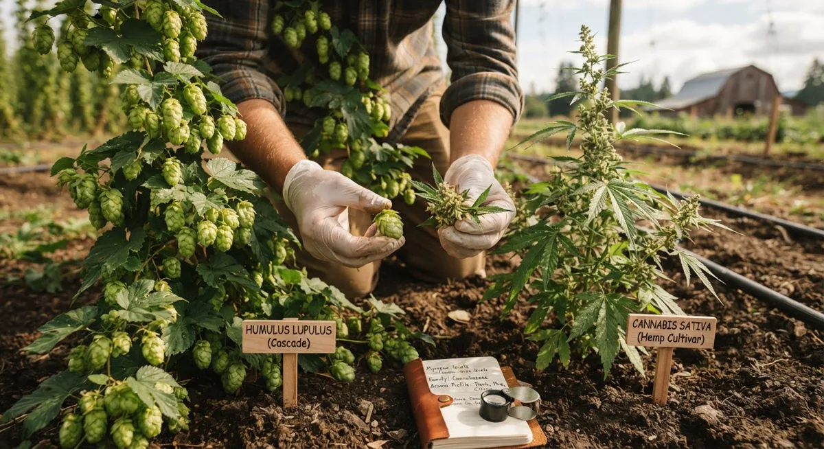 Tally's Take board art: a kneeling figure in a field compares a hop cone and a hemp bud side by side, with species stakes reading Humulus lupulus (Cascade) and Cannabis sativa. Illustration in Tally's style, not a photograph.