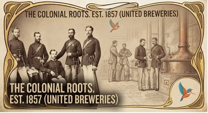 Engraving-style illustration of colonial-era soldiers and brewers gathered beside a copper brewing kettle, captioned with the 1857 roots of United Breweries.