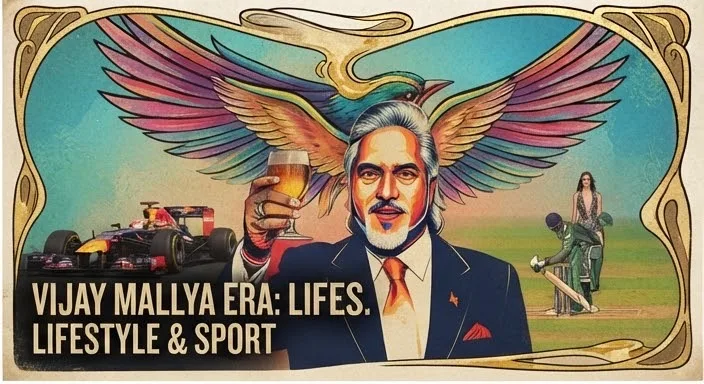 Stylized screen-print poster illustration of the Vijay Mallya era: kingfisher wings spread behind a raised beer glass, a Formula 1 car and a cricket batsman at the edges.