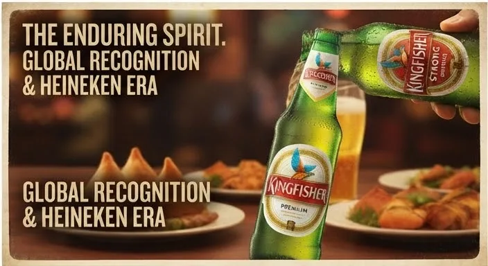 Illustration of green Kingfisher bottles being poured beside plates of samosas and spiced food on a restaurant table.
