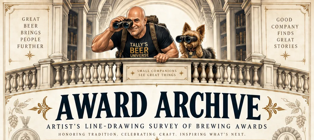 Artist's line-drawing masthead: Tally and Pixie peering through binoculars over a library balustrade above the words Award Archive, framed by engraved hop-cone medals and ribbons. Illustration in Tally's style.