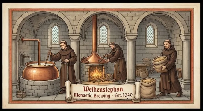 Manuscript-style illustration of monks brewing in a stone abbey: one stirs a copper kettle over a fire, another carries grain, beneath a scroll reading Weihenstephan monastic brewing, established 1040.