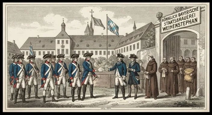 Period engraving-style illustration of Bavarian soldiers and officials meeting monks at the abbey gate under a Royal Bavarian State Brewery Weihenstephan sign — the secularisation that moved the brewery into state hands.