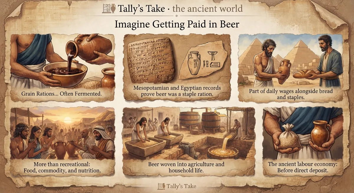 Parchment-styled illustration panels of beer as ancient wages: fermented grain rations poured from jars, a cuneiform ration tablet, workers paid in beer and bread beneath the pyramids.