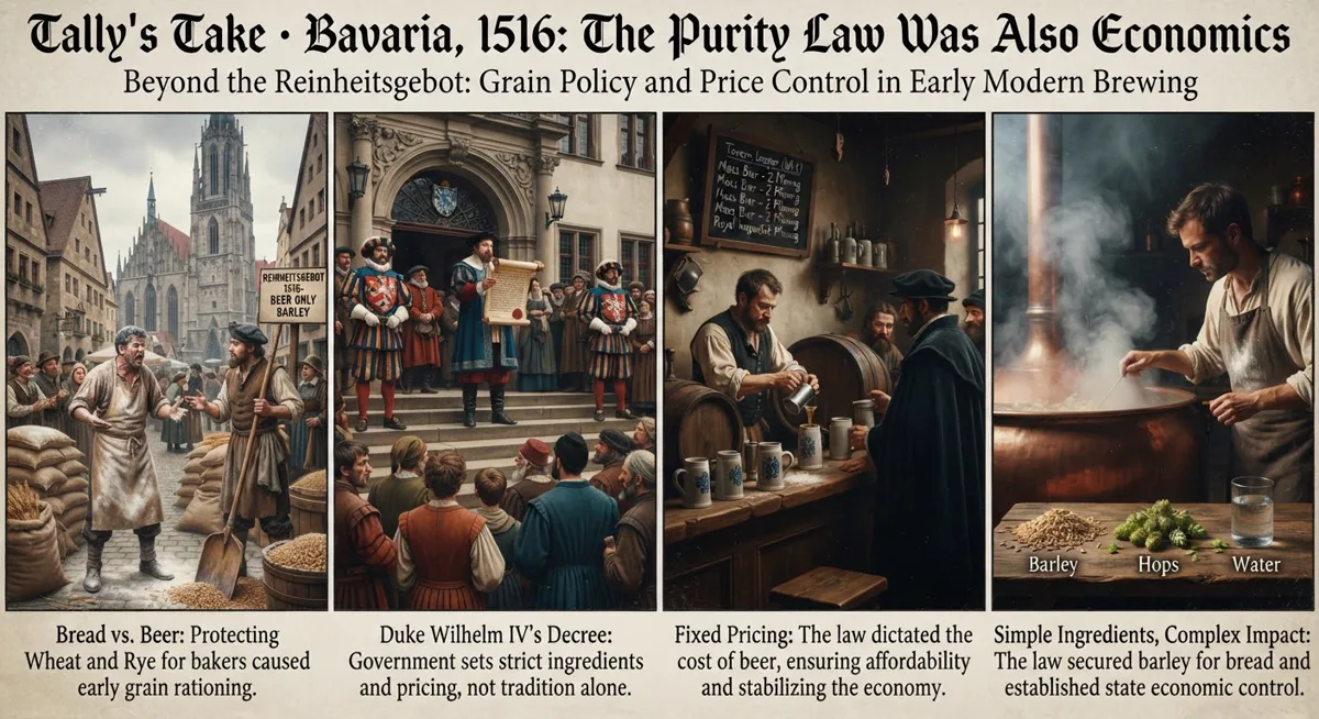 Four period-painting panels on the 1516 Reinheitsgebot: grain rationing at a market, Duke Wilhelm IV's decree read on courthouse steps, fixed beer pricing in a tavern, and the three permitted ingredients beside a copper kettle.