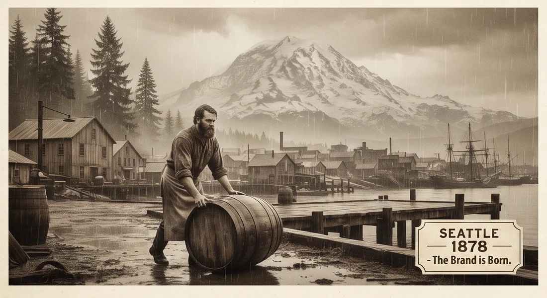Board art: an 1878 Seattle brewer rolls a wooden barrel along a rain-soaked waterfront beneath Mount Rainier. Illustration, not a photograph.