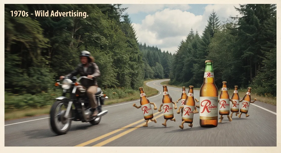 Board art: Rainier bottles run down a forest road on little legs while a 1970s motorcycle rides past. Illustration, not a photograph.