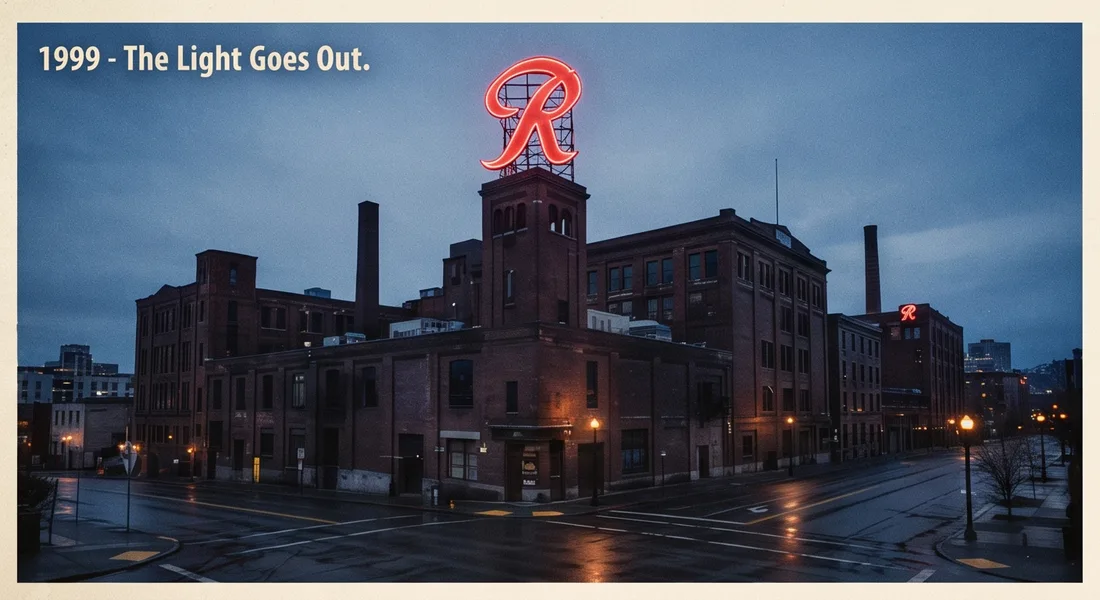 Board art: the brick brewery at dusk with the giant red R glowing above it one last time. Illustration, not a photograph.