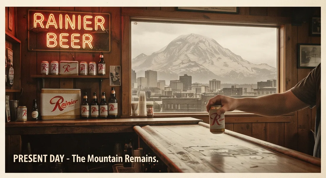 Board art: a neighbourhood bar with a Rainier neon sign, cans on the shelf, and Mount Rainier filling the window. Illustration, not a photograph.