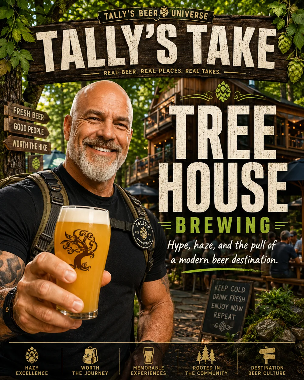 Tally's Take board art: Tally raising a hazy pale ale, with the words Tree House Brewing and the line Hype, haze, and the pull of a modern beer destination.