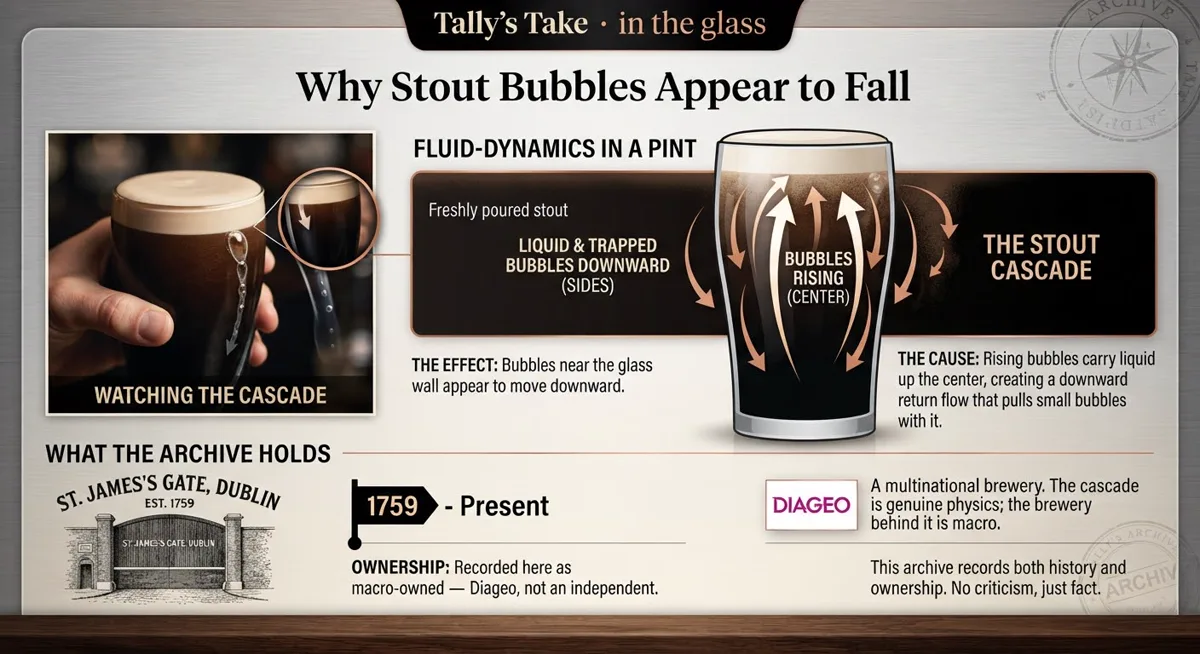 Diagram of the stout cascade: arrows show bubbles rising up the centre of a pint and the return flow dragging small bubbles down the glass walls, beside the archive's St. James's Gate ownership note.
