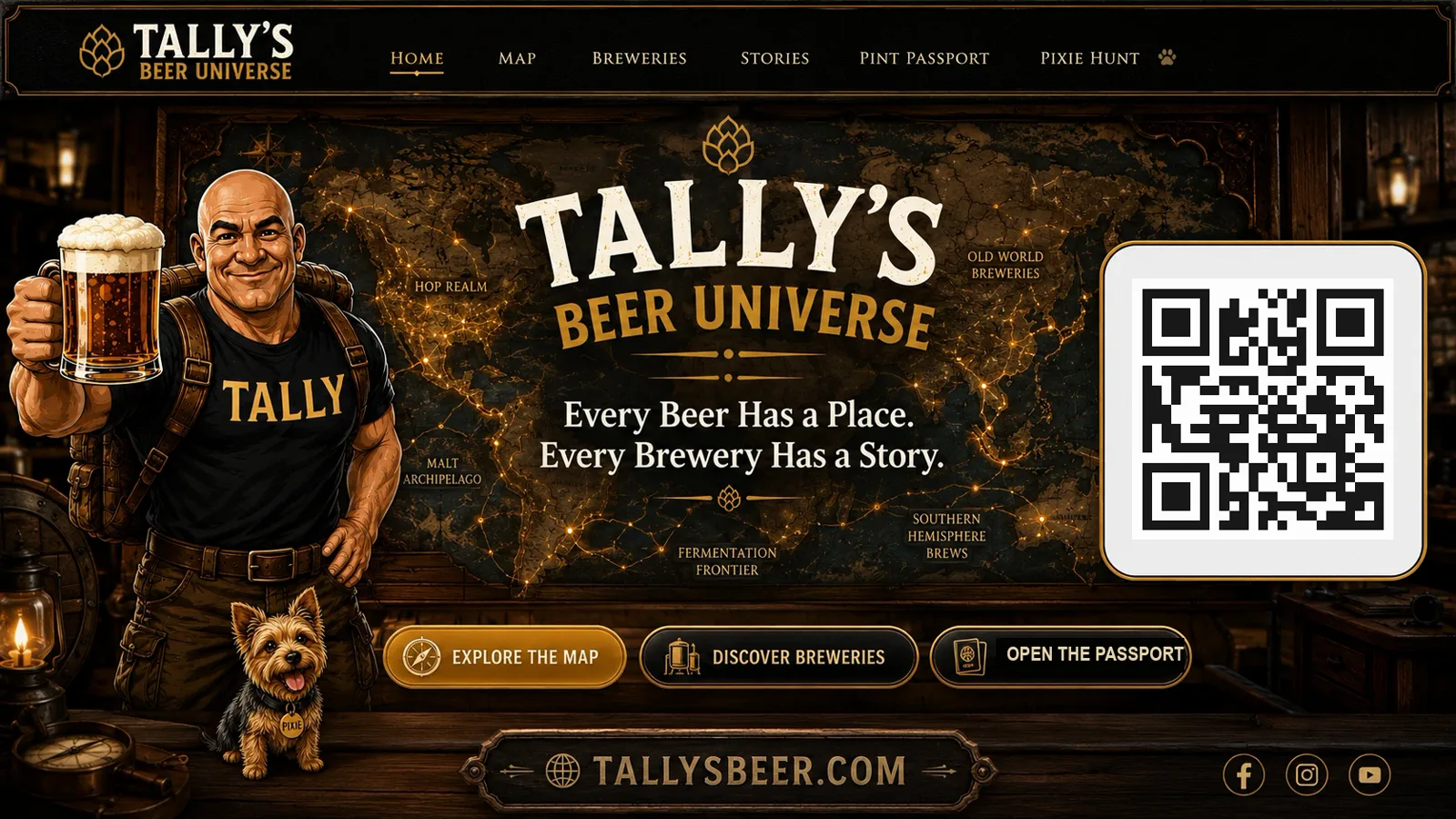 Tally raising a stein in front of a world map of brewery lights, with Pixie the Yorkie at his feet and a QR code linking to the app